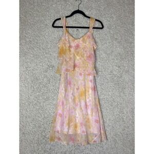 Vtg Talbots Dress Womens 2P Pink Yellow Silk Floral Sleeveless Ruffle Midi Fairy